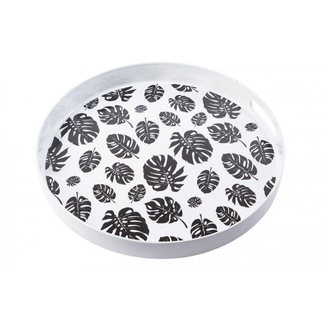 Decorative tray Monstera S, white/black, H-4cm, D-34.5cm