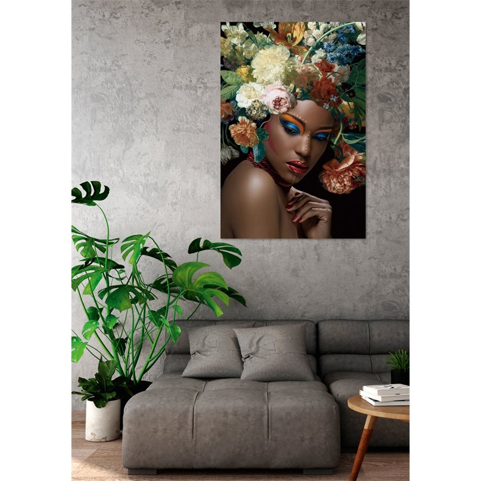 Стеклянная картина Black beauty with flowers on her head II, 80x120cm