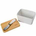Butter bin with knife, bamboo lid, ceramic,13.5x9.3x9cm