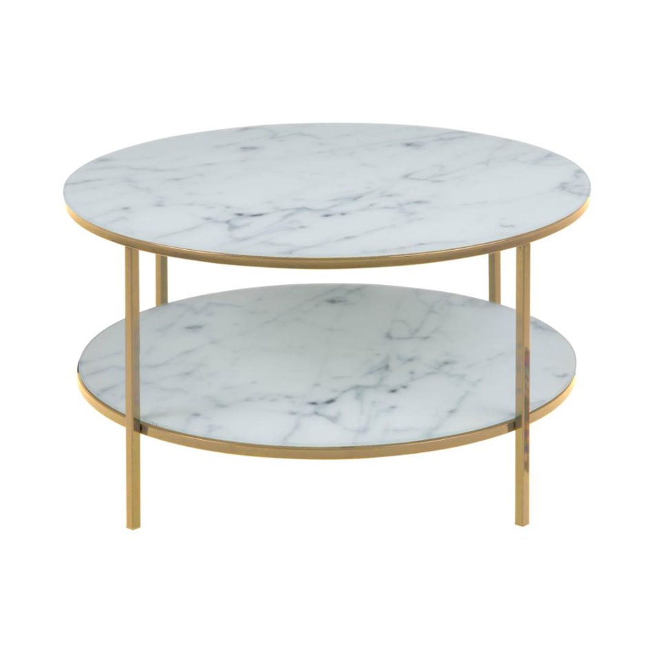 Coffee table Alis, metal/glass, white marble look, D80cm, H45 cm