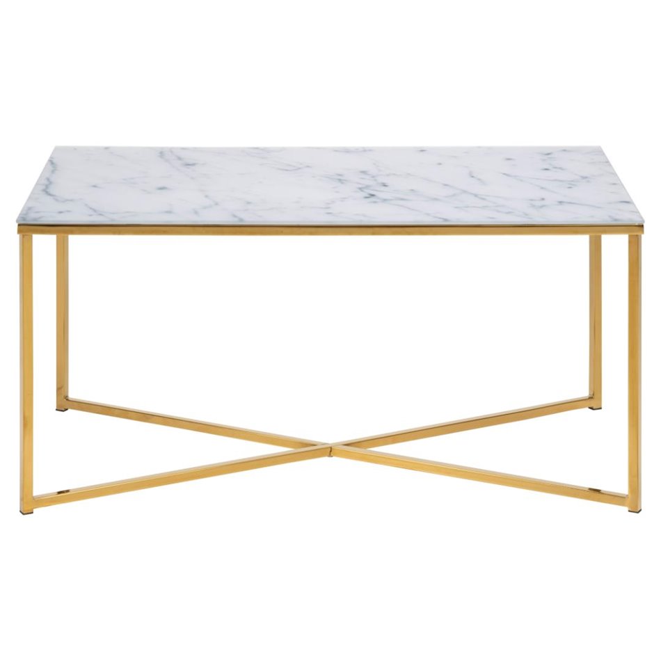 Coffee table Alis, metal/glass, white marble look, H45x90x50cm