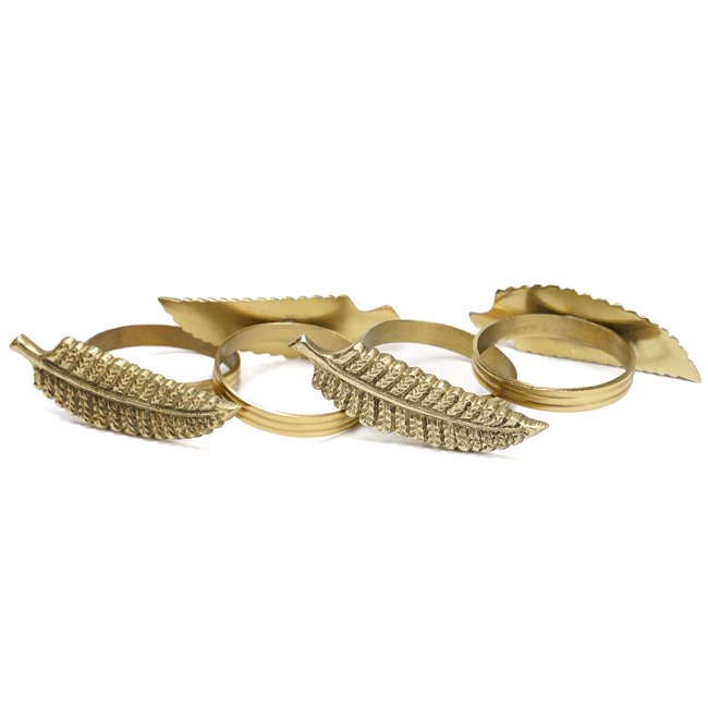 Napkin ring set 4 Leaf, brass, golden, 5x4.5x3cm