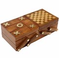 Wooden/brass game box w/set of 4 games, 26x13xH6.5cm