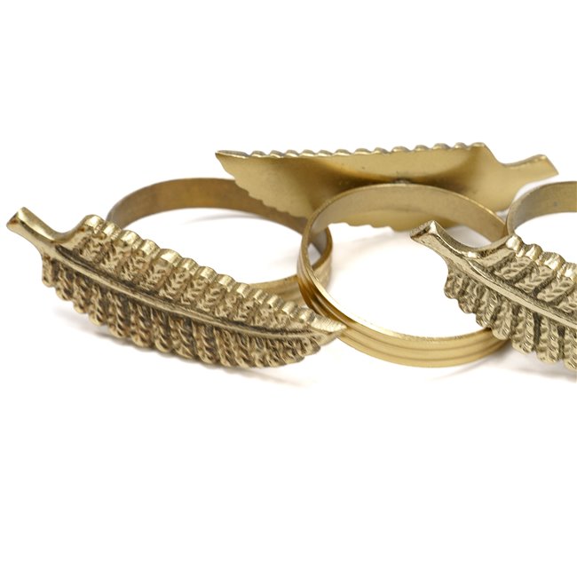 Napkin ring set 4 Leaf, brass, golden, 5x4.5x3cm
