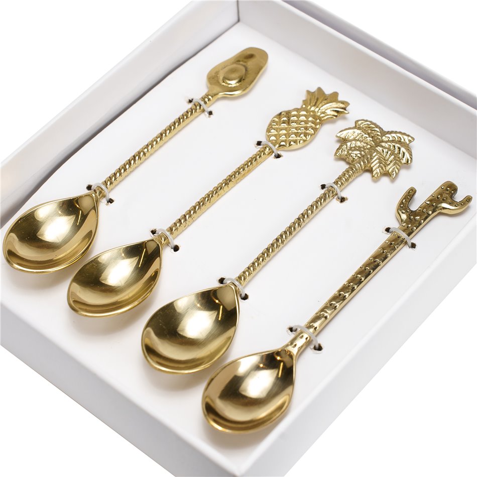 Spoon set 4 Mix motif, brass, 15.2x3.2x1.2cm