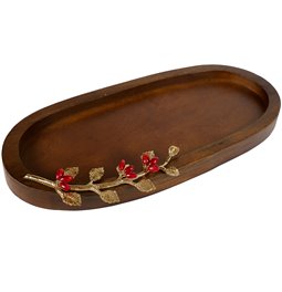 Wood oval tray Oden w/leaf/ redberry, 6x42.5x22cm