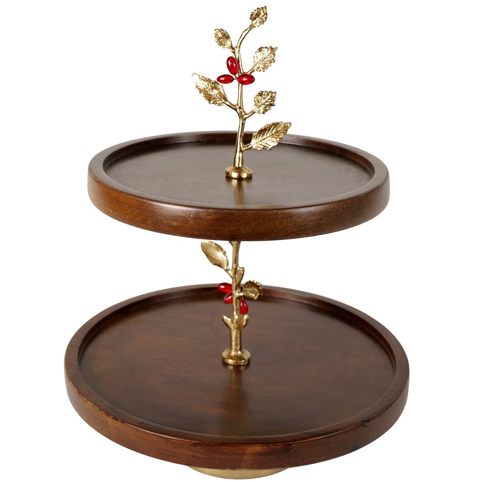 Wooden 2 tier oden fruit stand w/leaf/ redberry, D30.5x38cm