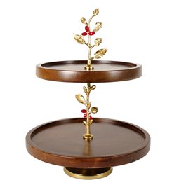 Wooden 2 tier oden fruit stand w/leaf/ redberry, D30.5x38cm