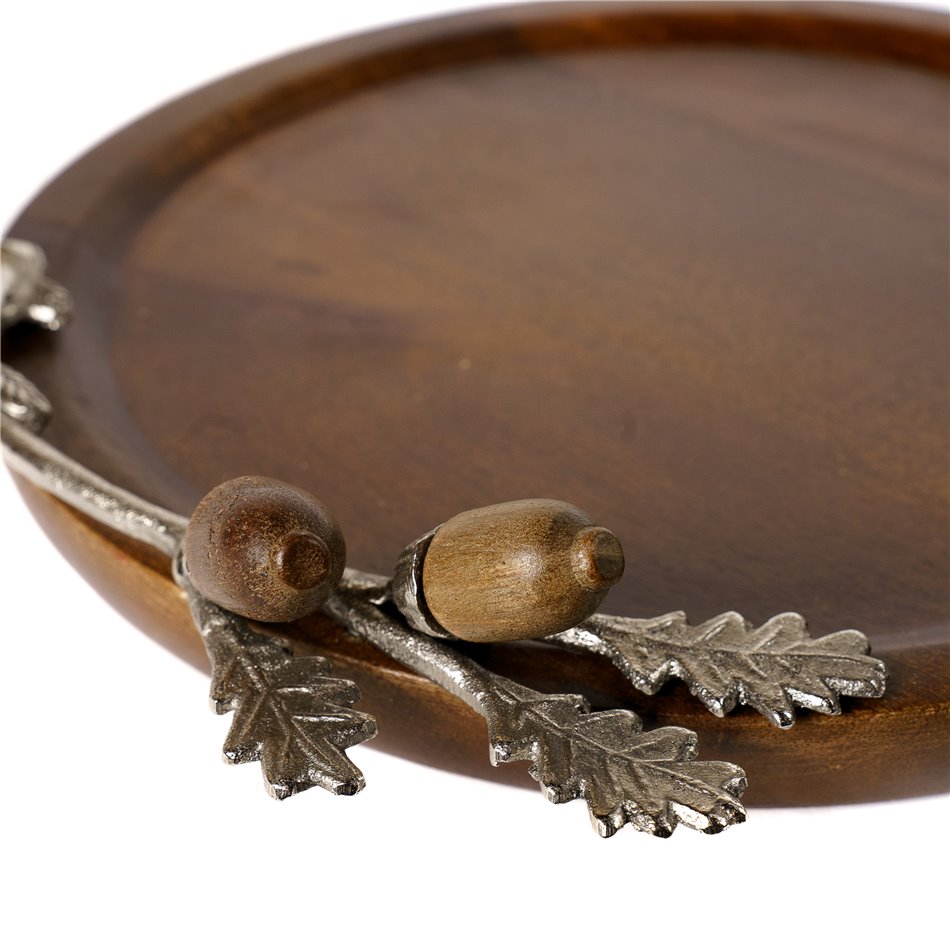 Wooden round tray Ofena w/acorn leaf, 6x30x28cm