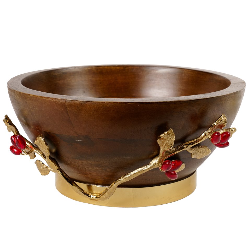 Woode bowl w/leaf/ redberry, D27x13x16.5cm