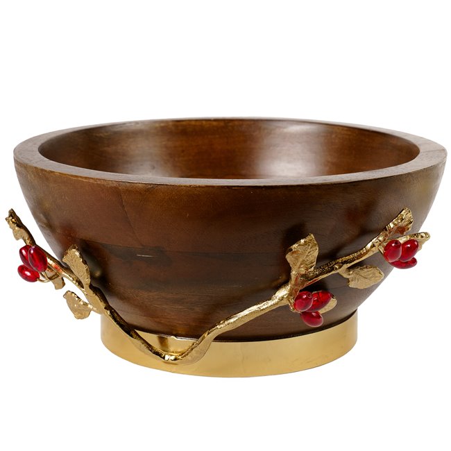 Woode bowl w/leaf/ redberry, D27x13x16.5cm