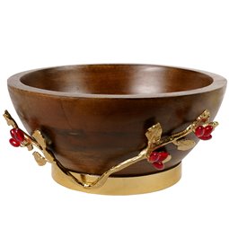 Woode bowl w/leaf/ redberry, D27x13x16.5cm