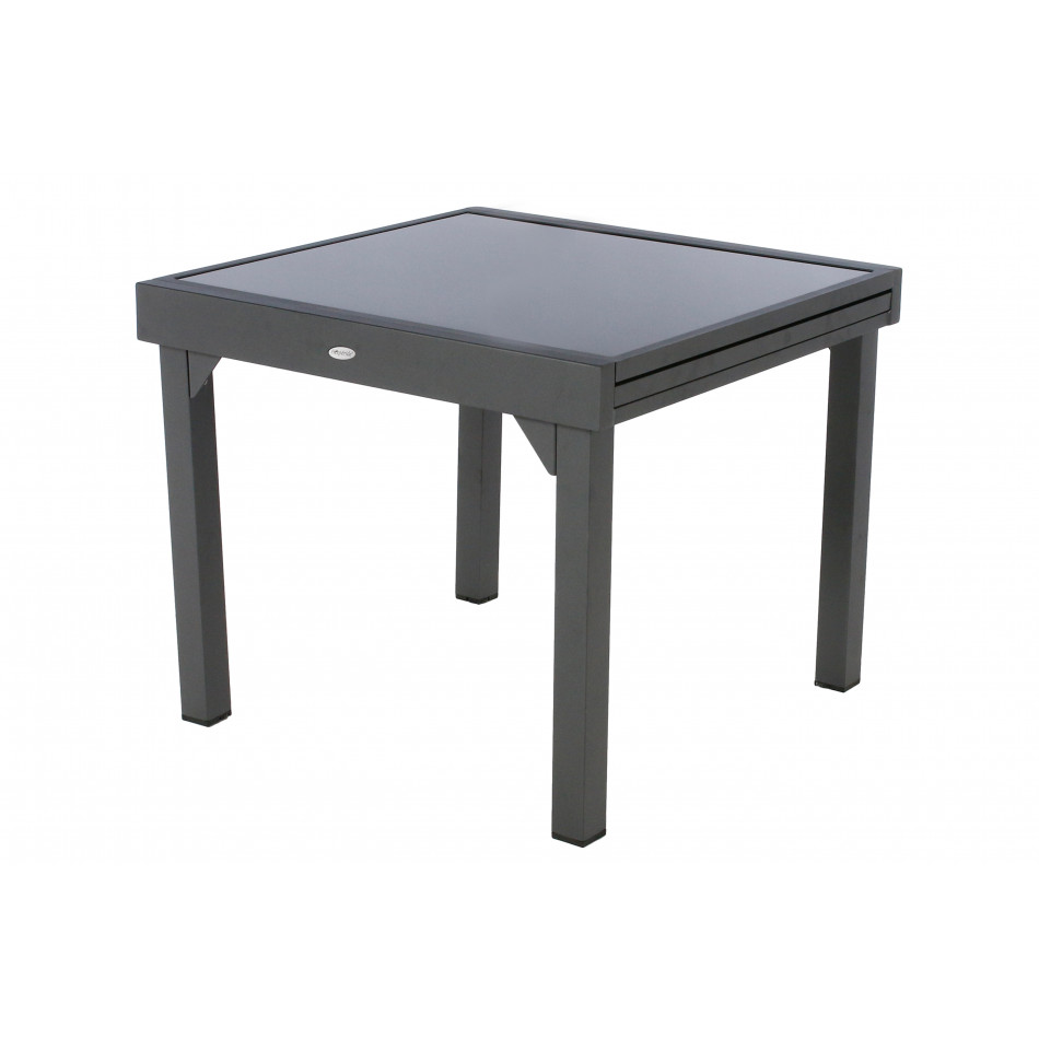 Table Lapiazza, 8-seater extendable, graphite/grey color, aluminium/tempered glass, H75,5x90x90-180cm