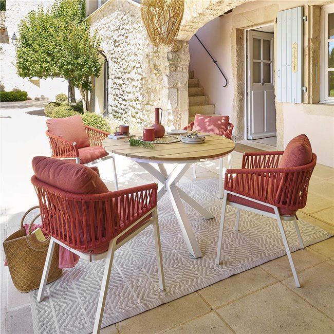 Table Laoriengo 4-seater, beige/white color, round, aluminium/acacia, H75,5, D111,5xcm