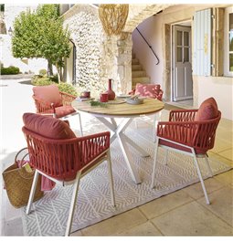 Table Laoriengo 4-seater, beige/white color, round, aluminium/acacia, H75,5, D111,5xcm