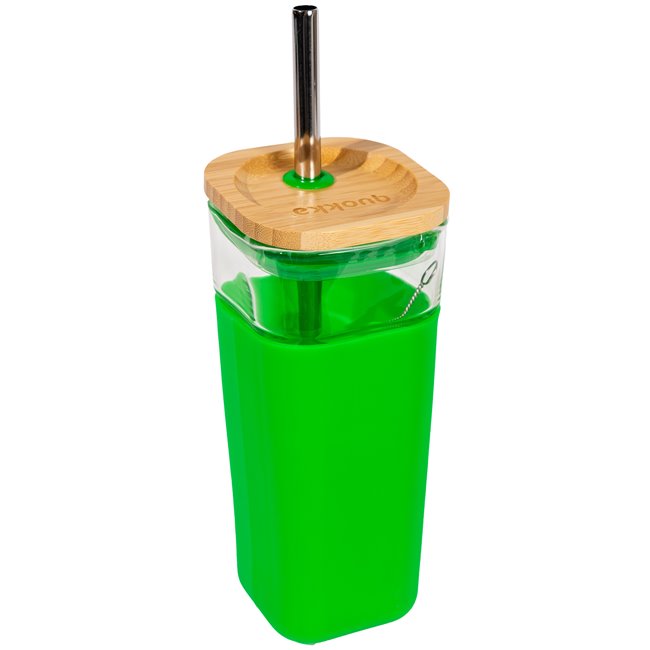 Glass tumbler Green w cover, straw, 540ml, H18 D8cm