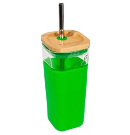 Glass tumbler Green w cover, straw, 540ml, H18 D8cm