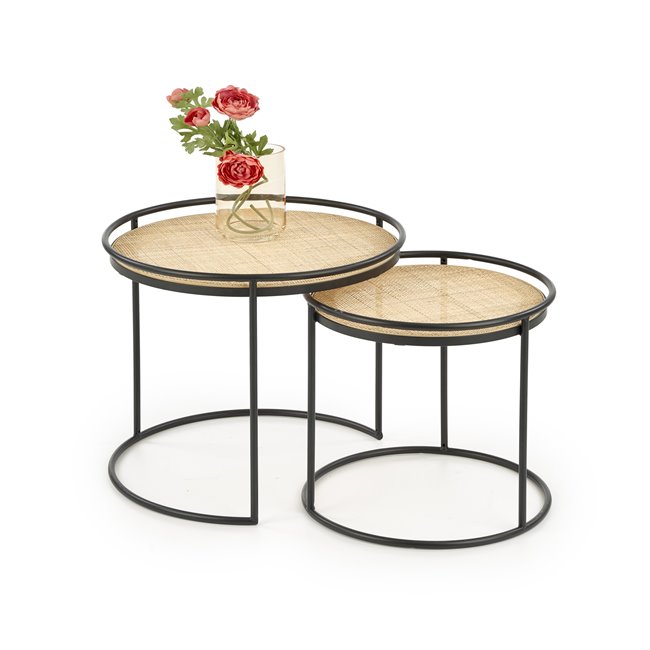 Side table set Hando, 2 pcs, black/natural, steel/rattan, D51cm, H42cm / D41cm, H37cm