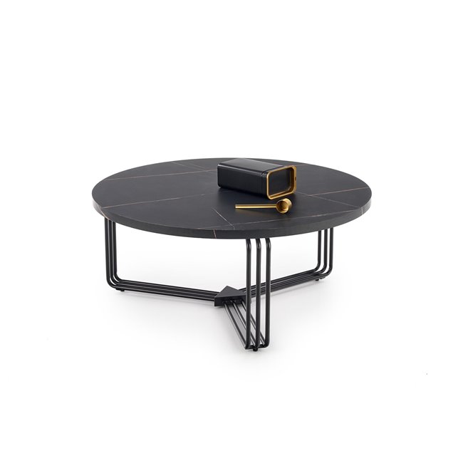Coffee table Hantica, black marble look, MDF/Steel, D80cm, H36cm