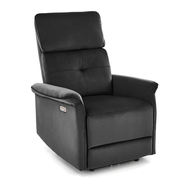 Electric recliner Hemiro, black velvet, USB charging socket, W90-170x80cm, H92-108cm, seat H46cm