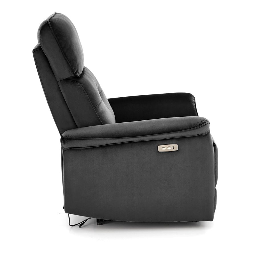 Electric recliner Hemiro, black velvet, USB charging socket, W90-170x80cm, H92-108cm, seat H46cm