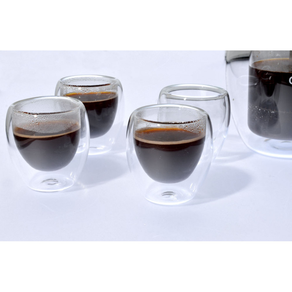 Espresso cafetiere and 4 espresso glasses Cafe Ole,  H-13.5cm x H6cm, D6.5cm