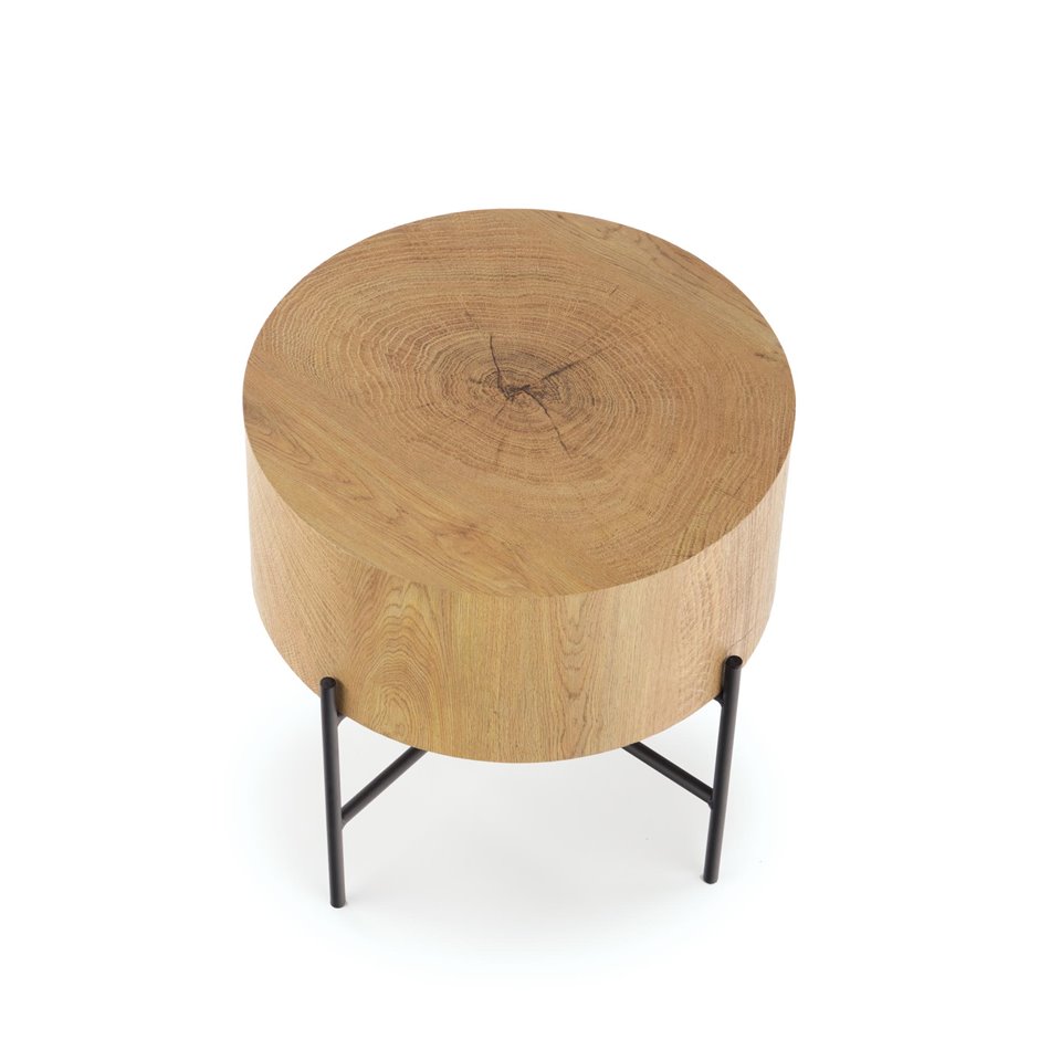 Side table Haroklyn, natural oak/black color, MDF/steel, D45cm, H45cm
