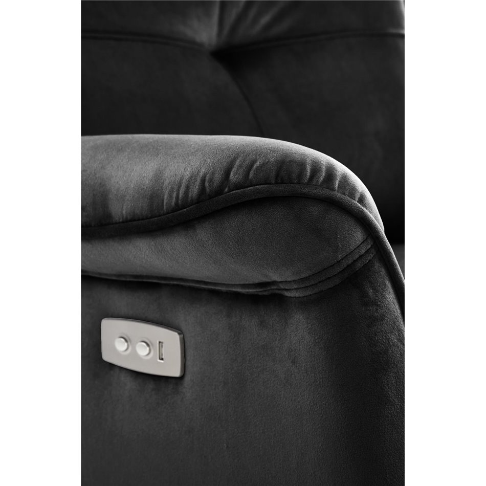 Electric recliner Hemiro, black velvet, USB charging socket, W90-170x80cm, H92-108cm, seat H46cm