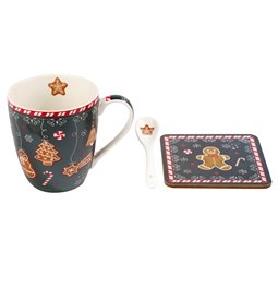 Mug with spoon, coaster Gingerbread, porcelain, 350ml,10.5cm