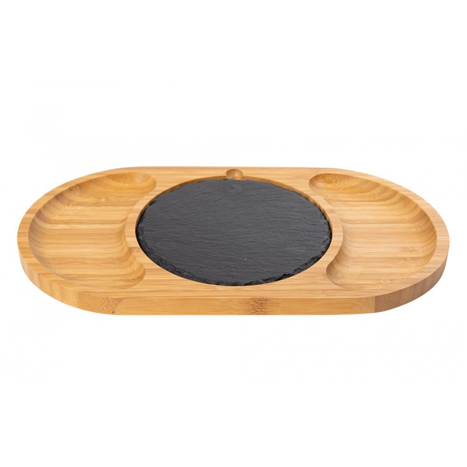Bamboo serving plate with stone insert, 33x18cm