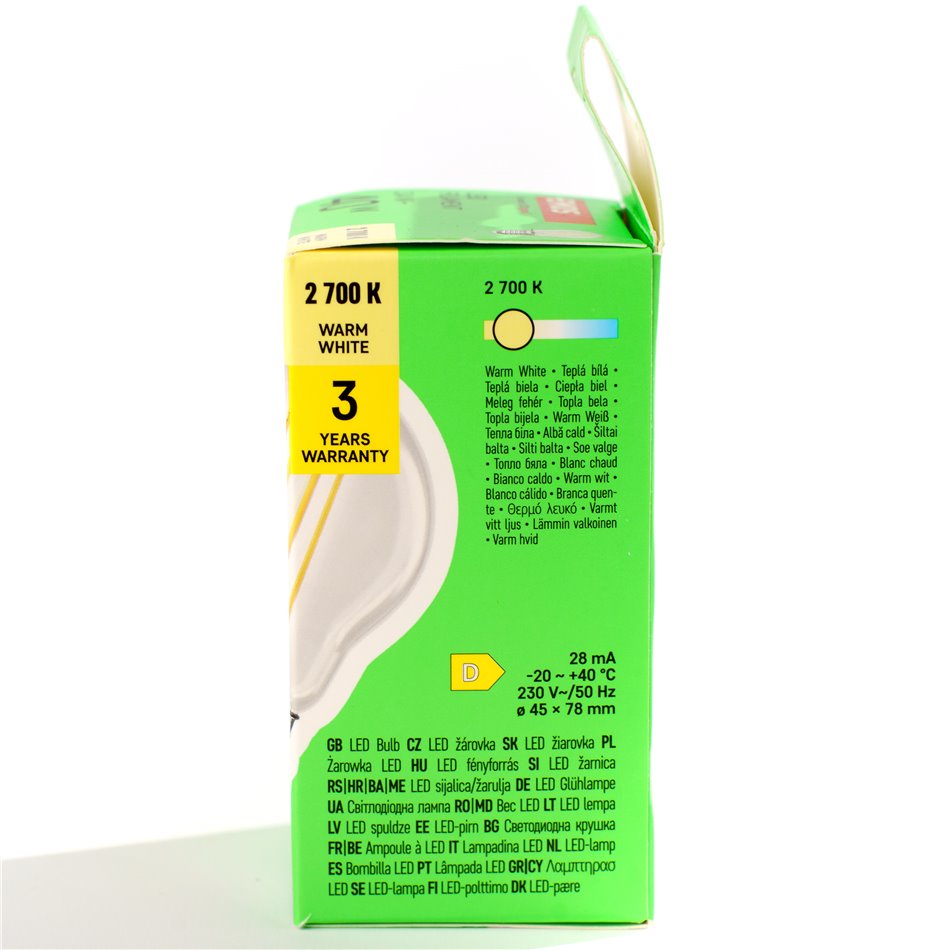 LED Bulb WW warm white, E27 3.4W, 470lm, 2700K, H7.5x4.5x4.5cm