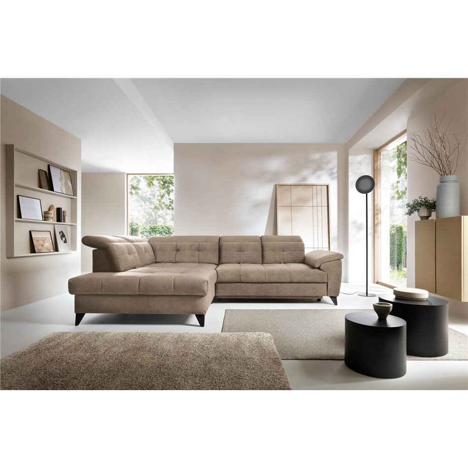 Corner sofa Elinferne L, sleeping function, Aura 20, velvet, dark beige, H107x210x297cm