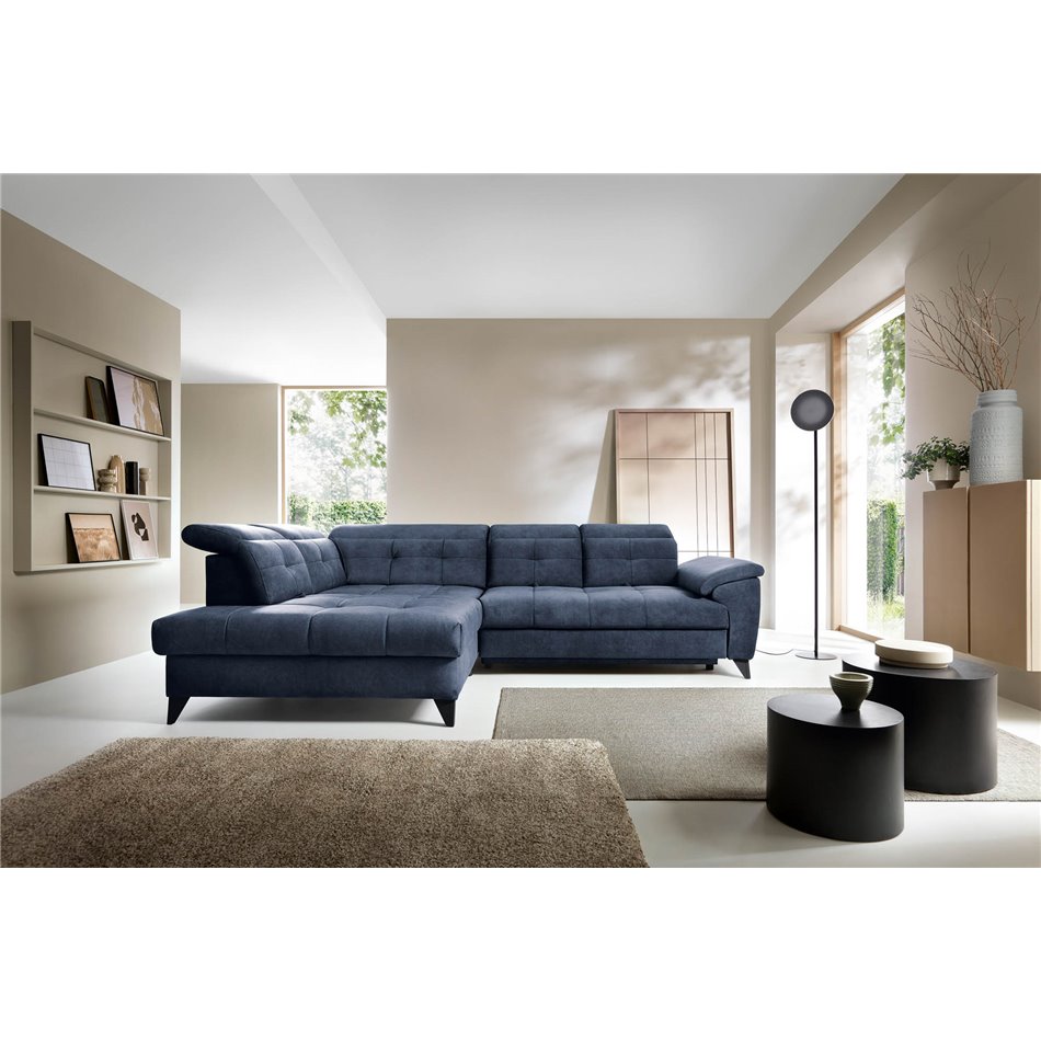 Corner sofa Elinferne L, sleeping function, Relax 40, velvet, dark blue, H107x210x297cm