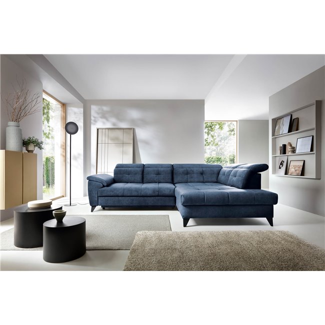 Corner sofa Elinferne R, sleeping function, Aura 40, velvet, dark blue, H107x210x297cm