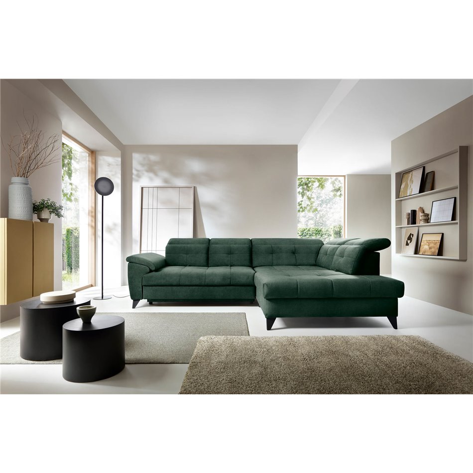 Corner sofa Elinferne R, sleeping function, Raquel 35, dark green, H107x210x297cm