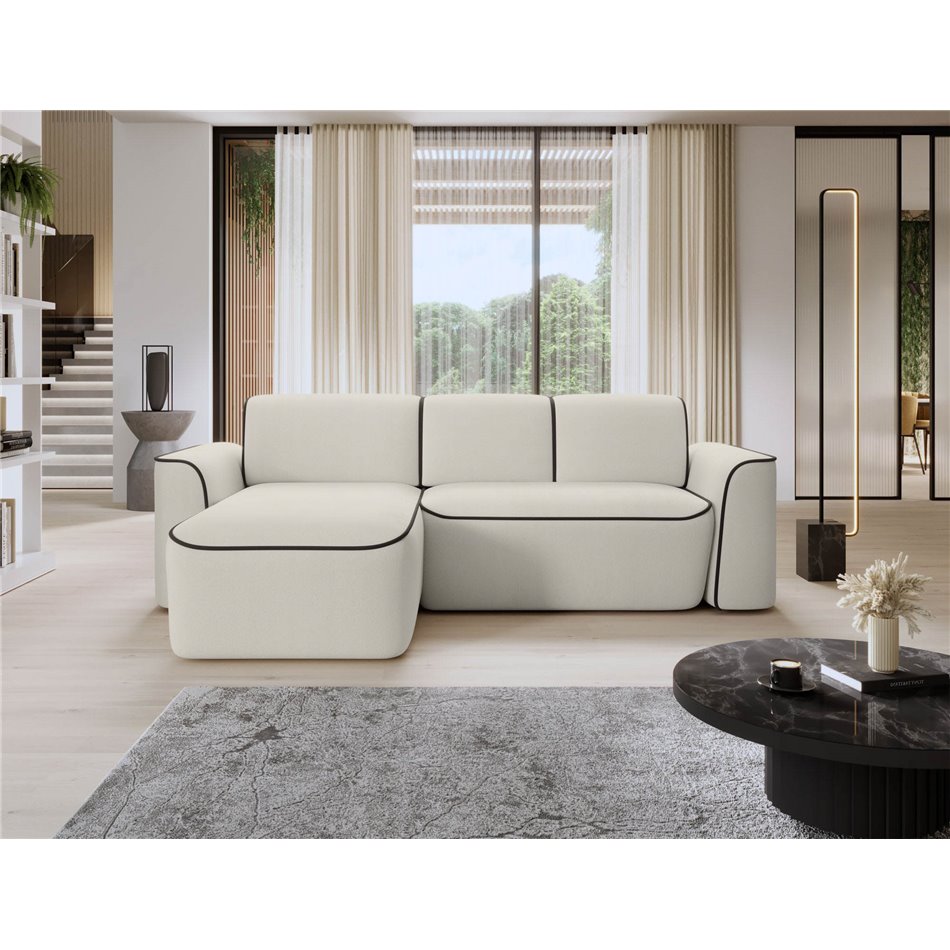 Corner sofa Elume L, sleeping function, Amore 01, Velvetmat 22, bouclé, beige, H88x190x287cm