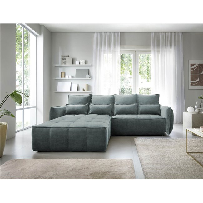 Corner sofa Elkampo L, sleeping function, Manhattan 38, velvet, green, H88x196x265cm