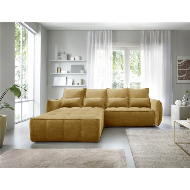 Corner sofa Elkampo L, sleeping function, Manhattan 45, velvet, yellow, H88x196x265cm