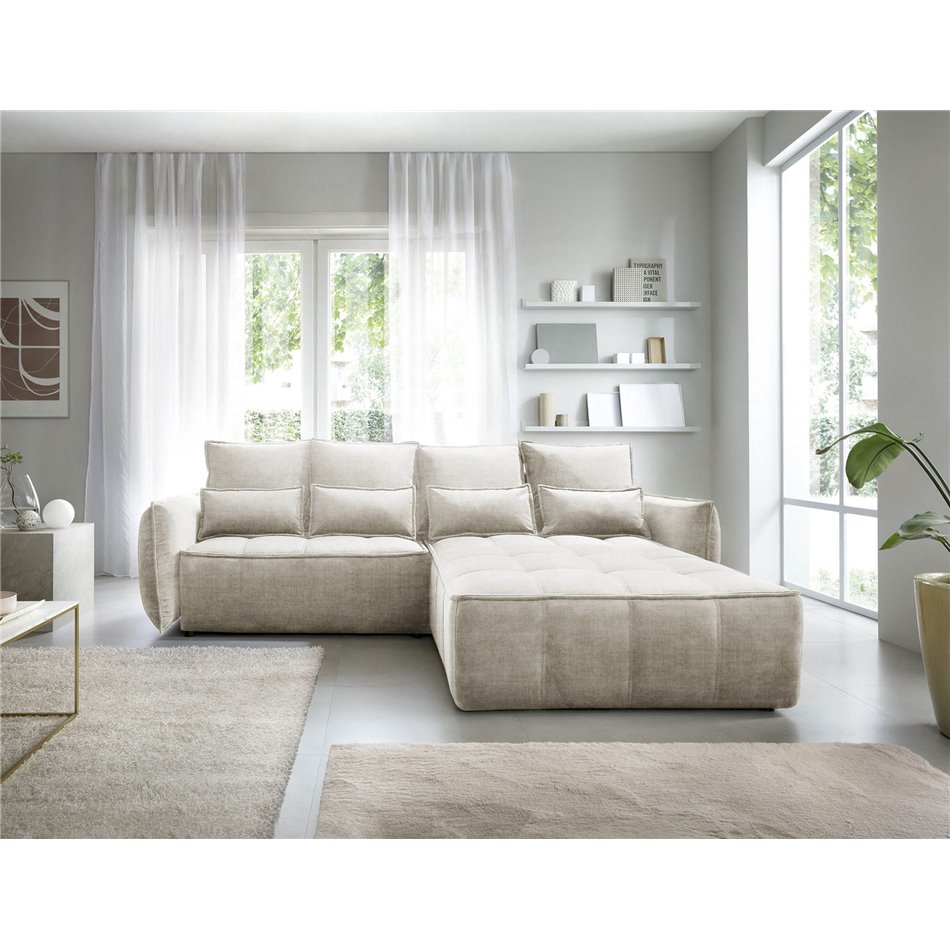 Corner sofa Elkampo R, sleeping function, Manhattan 18, velvet, beige, H88x196x265cm