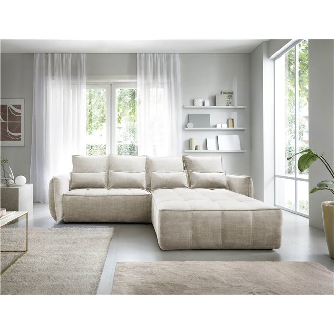 Corner sofa Elkampo R, sleeping function, Manhattan 18, velvet, beige, H88x196x265cm