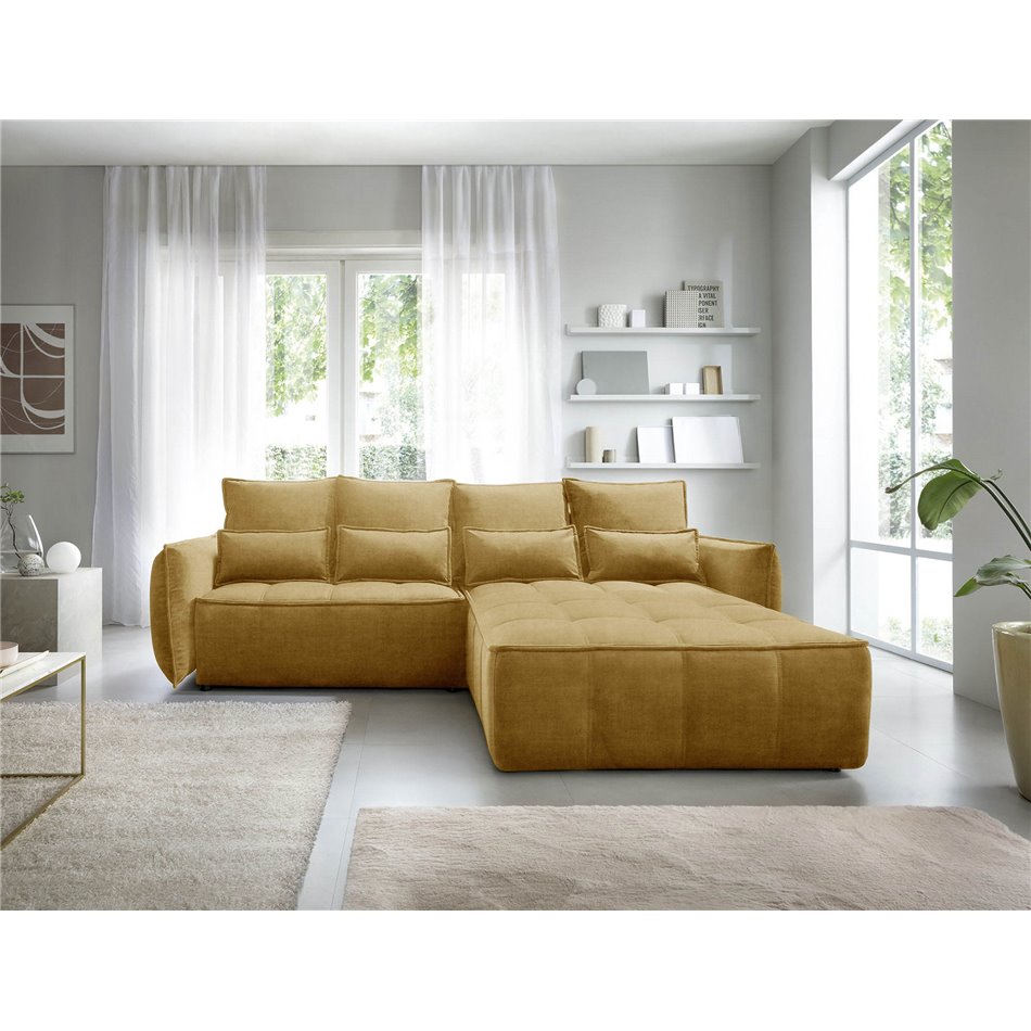 Corner sofa Elkampo R, sleeping function, Manhattan 45, velvet, yellow, H88x196x265cm