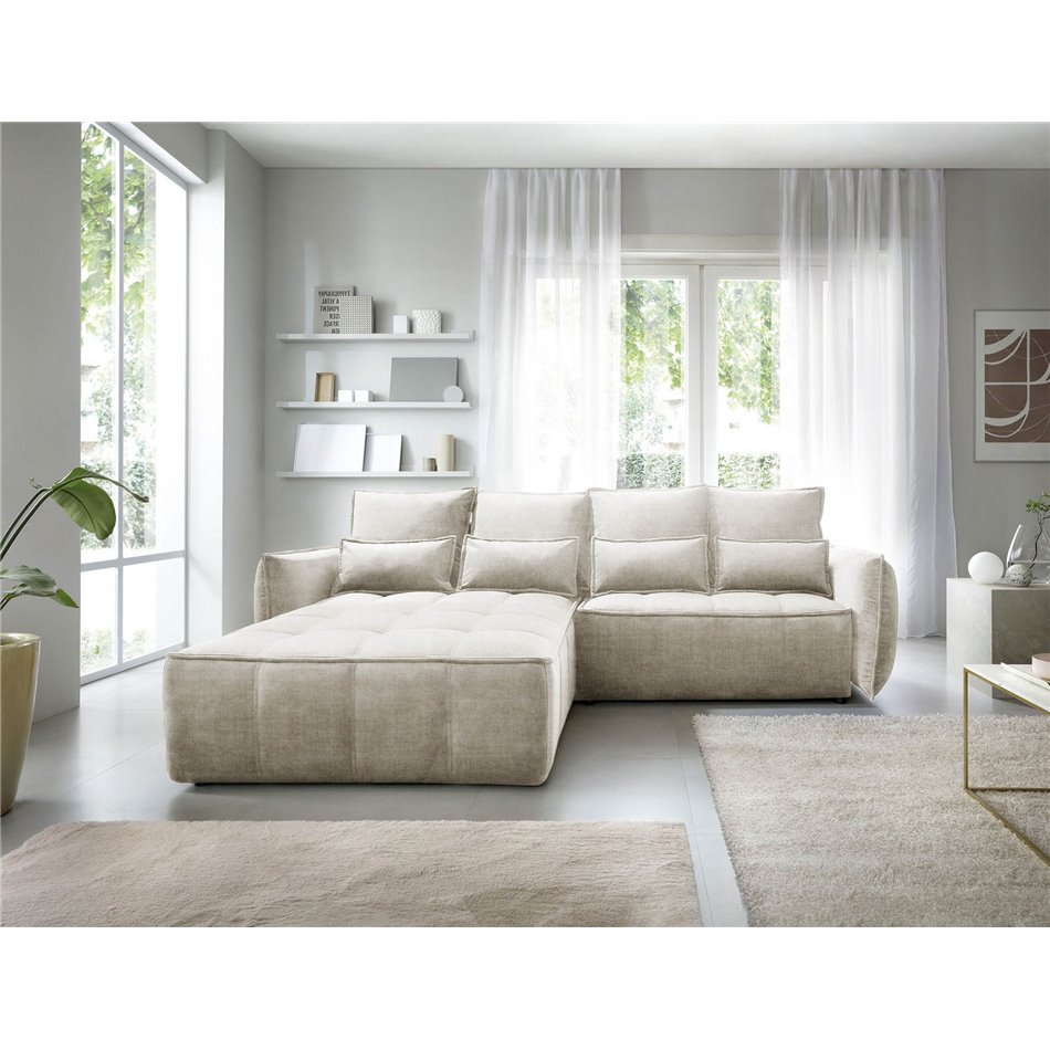 Corner sofa Elkampo L, sleeping function, Manhattan 18, velvet, beige, H88x196x265cm