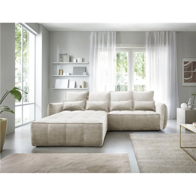 Corner sofa Elkampo L, sleeping function, Manhattan 18, velvet, beige, H88x196x265cm