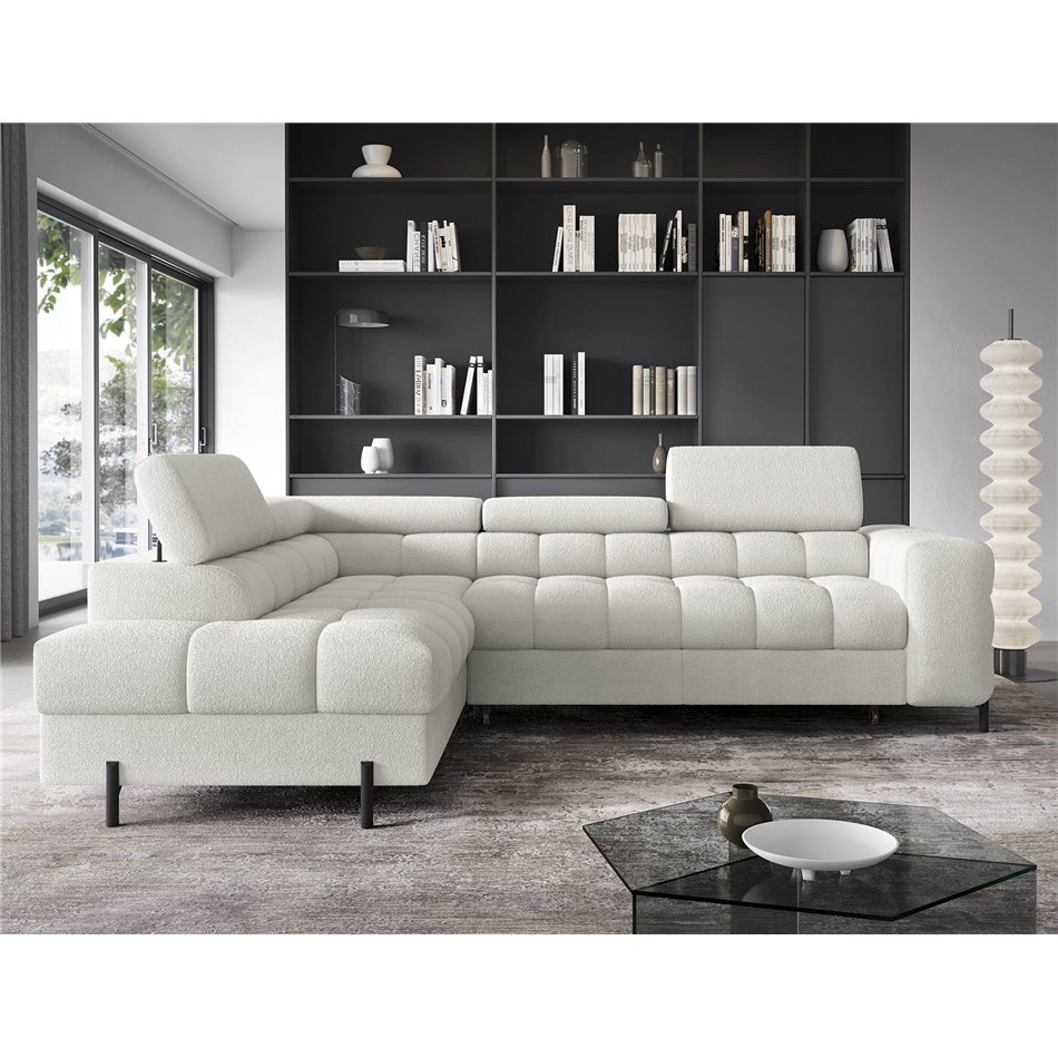 Corner sofa Elferucce L, sleeping function, Amore 01, bouclé, white, H93x200x276cm