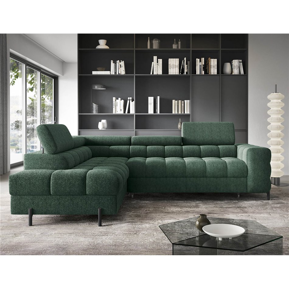 Corner sofa Elferucce L, sleeping function, Amore 35, bouclé, dark green, H93x200x276cm
