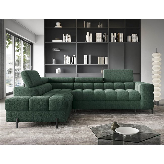 Corner sofa Elferucce L, sleeping function, Amore 35, bouclé, dark green, H93x200x276cm