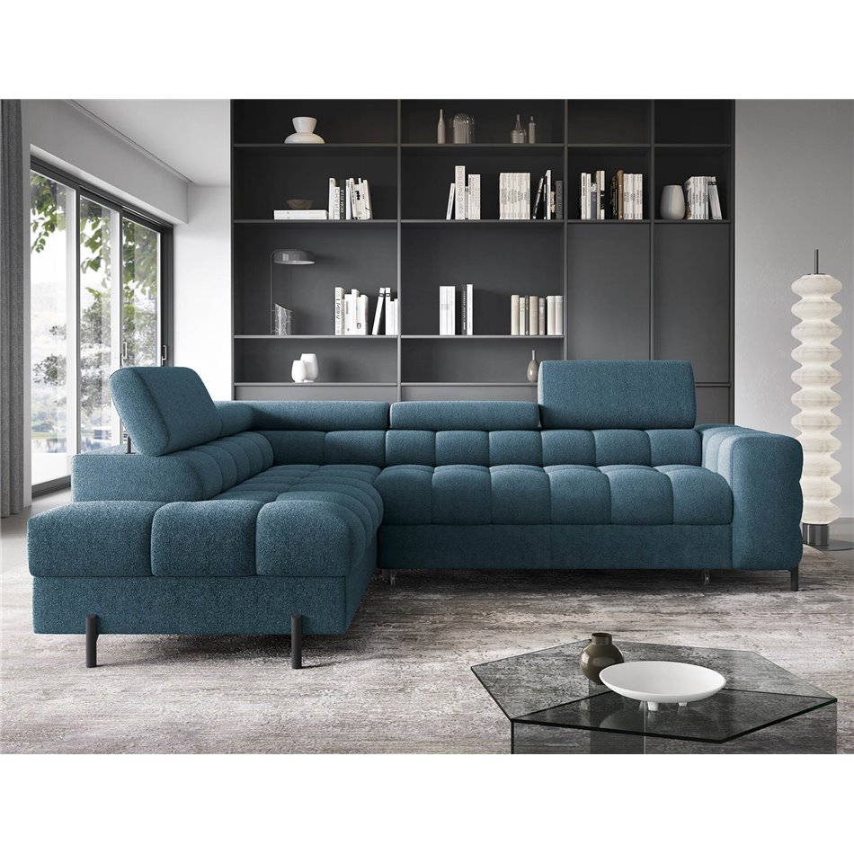 Corner sofa Elferucce L, sleeping function, Amore 40, bouclé, dark blue, H93x200x276cm