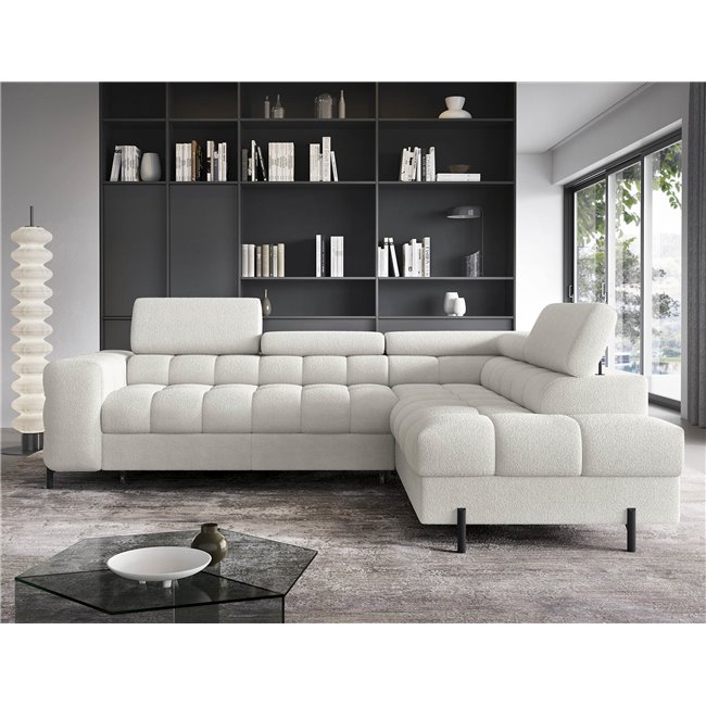 Corner sofa Elferucce R, sleeping function, Amore 01, bouclé, white, H93x200x276cm