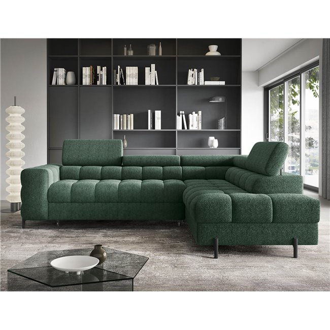 Corner sofa Elferucce R, sleeping function, Amore 35, bouclé, dark green, H93x200x276cm