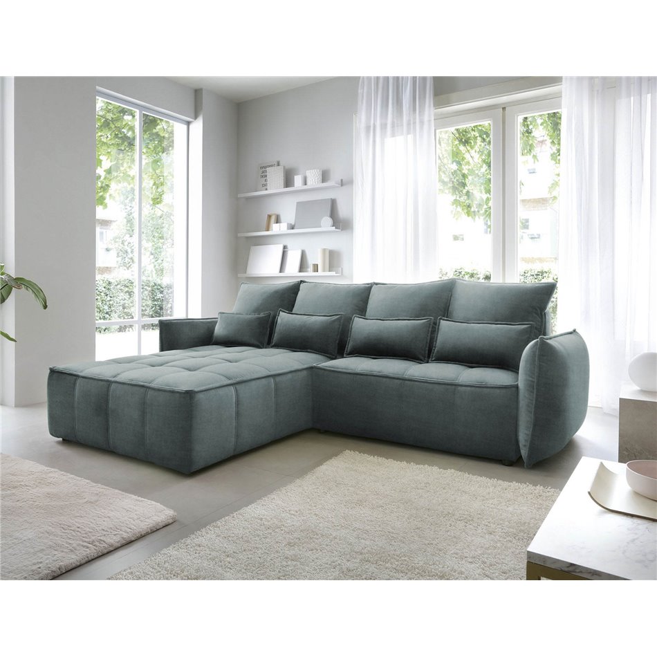 Corner sofa Elkampo L, sleeping function, Manhattan 38, velvet, green, H88x196x265cm